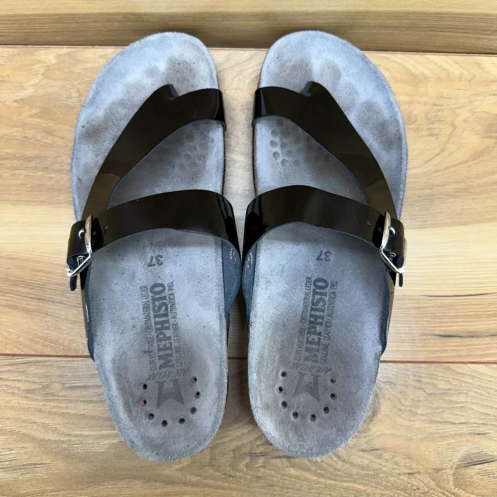 Mephisto Helen Sandals Womens 7 EU 37 Black Patent Leather Travel Vacation Walk